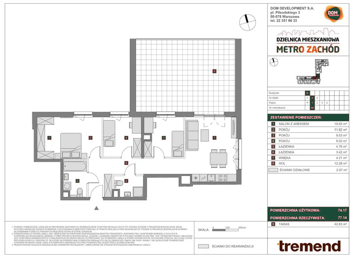Rzut mieszkania B 1 46, Metro Zachód, powierzchnia 74,17 m²